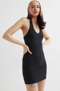 H&M Baumwoll Halterneck Kleider Damen Schwarz | 0957-RTYMC