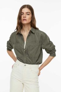 H&M Corduroy Shirt Bluse Damen Khaki Grün | 8276-IRXDJ