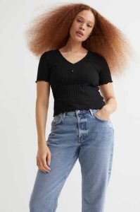 H&M Gerippt Oberteile Damen Schwarz | 6751-VSQFW